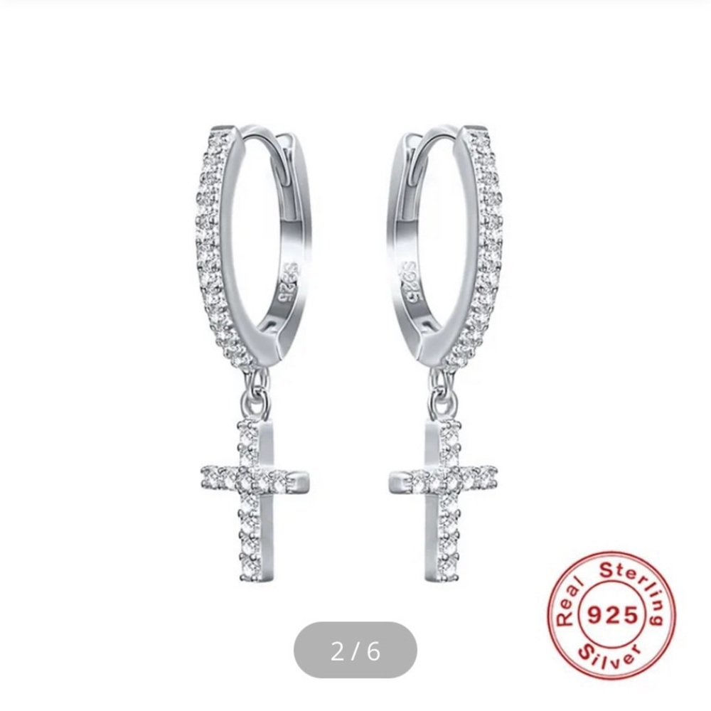 Dainty Cross Earrings Solid  Sterling Silver /Aretes Plata Ley 925 Cruz Colgante